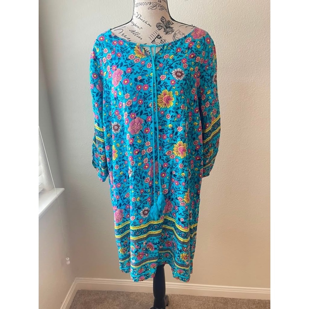 Boho Floral Border Print Tassel‎ Tie Neck Viscose Shift Dress Turquoise Blue XL
